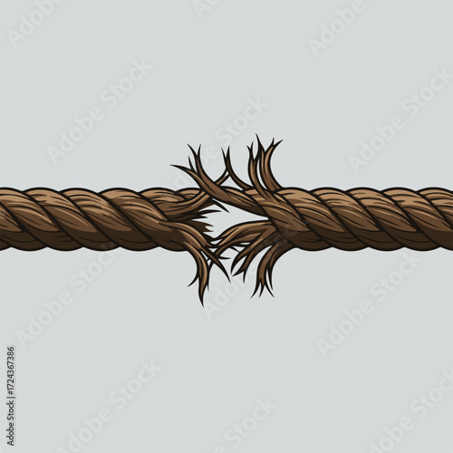 A thick, brown rope frayed at its breaking point, set on a gray background
