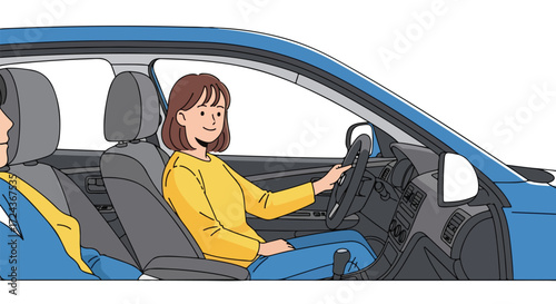 Illustration of a woman driving a blue car with a passenger wearing a seatbelt during a daytime trip showing safety