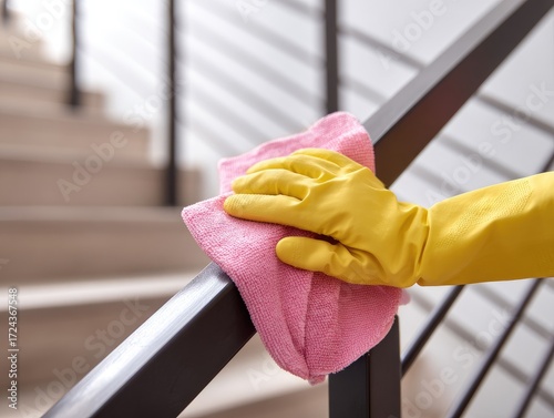Hand in yellow glove cleaning a metal railing with a pink cloth on stairs