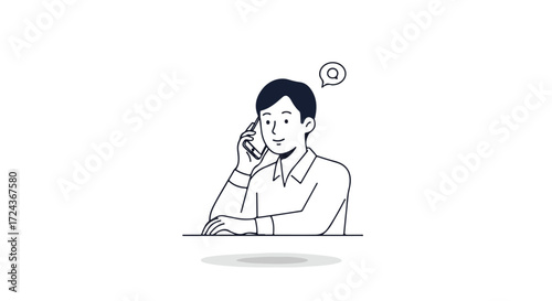 Person using phone with question mark bubble representing communication or inquiry illustrated with clean line art for business themes