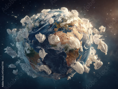 Hazy planet Earth surrounded by floating plastic bags drifting in space, illustrating environmental pollution and the impact of plastic waste on our world.