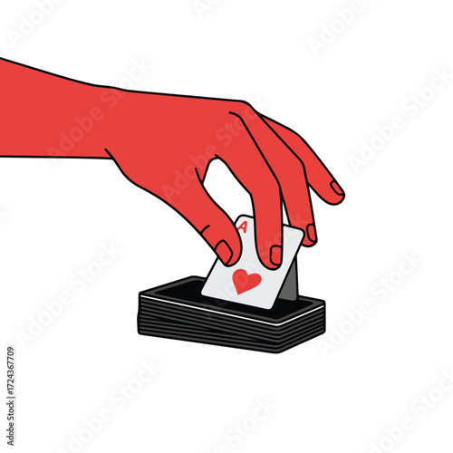 Red hand pulling Ace of Hearts from deck
