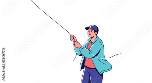 Determined angler casting his line, showcasing patience, focus, and the thrill of outdoor recreational pursuit beneath vast open sky expanse