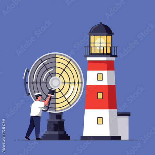 Cartoon lighthouse with a light keeper, and a giant old-style searchlight