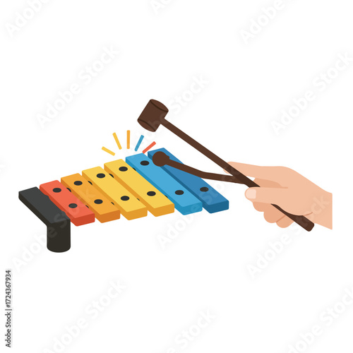 Hand playing colorful xylophone with mallet, emitting sound waves