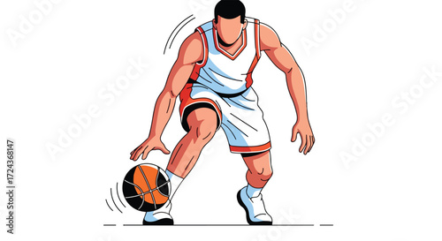 Dynamic basketball player illustration, dribbling ball with energy and movement, showcasing athletic performance and action shot aesthetics