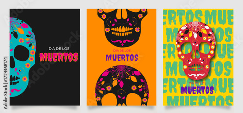 Dia de los Muertos poster designs feature decorative sugar skulls with floral and geometric patterns, , perfect for festival or cultural event promotion