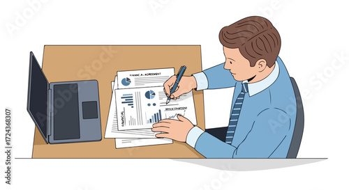 Business professional meticulously reviewing financial reports and signing agreements at desk filled with data, figures and charts