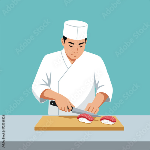 Sushi chef cuts tuna nigiri on a cutting board in front of a blue background