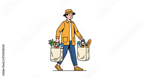 Stylized illustration of a man carrying reusable grocery bags filled with fresh produce and baked goods after shopping excursion
