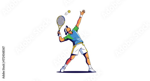 Dynamic tennis player serving the ball illustration, conveying the energy of the game and sportsmanship on a clean white canvas