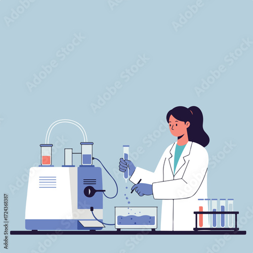 Scientist performs experiment with equipment, test tubes, and blue liquids