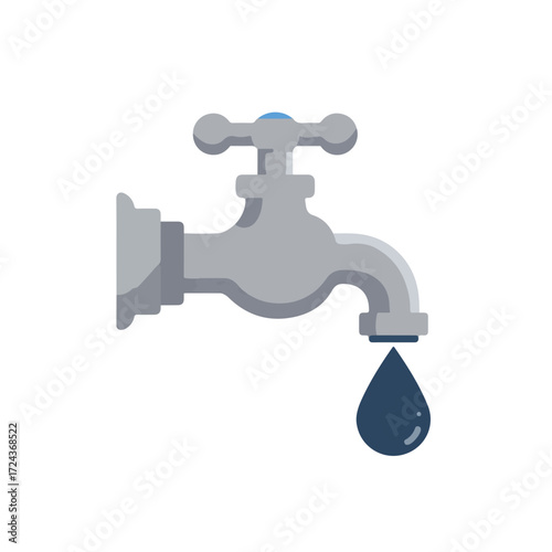 Gray metal water faucet, wall-mounted, dropping dark blue liquid