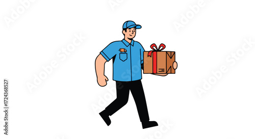 Delivery service courier carrying a packaged gift with a ribbon, representing e-commerce and fast shipping for customer satisfaction and online