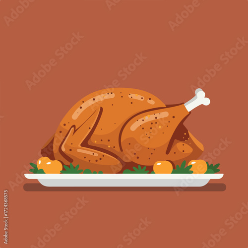 Roasted turkey on a platter with greens and oranges against a solid brown background