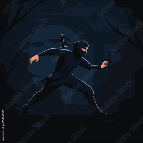 Ninja running in dark city with moon