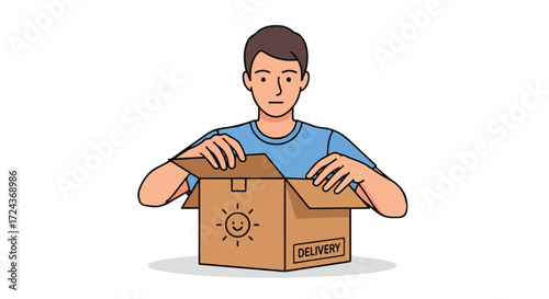 Man opening a delivery package with anticipation and curiosity in a clean illustration style ready to see what is inside the box