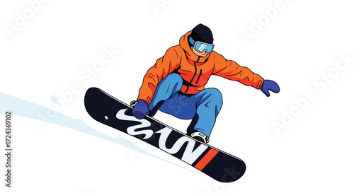 Snowboarder executing trick in mid-air, embodying energy, winter recreation and adventure on isolated white background