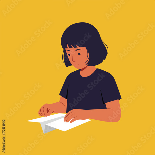 Flat-style girl with dark hair folds a white paper airplane on yellow background