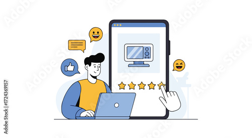 Customer satisfaction vector illustration portraying online shopping evaluation with laptop user interaction and mobile device feedback system