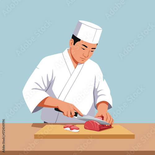 Chef in white slicing tuna on a wooden board