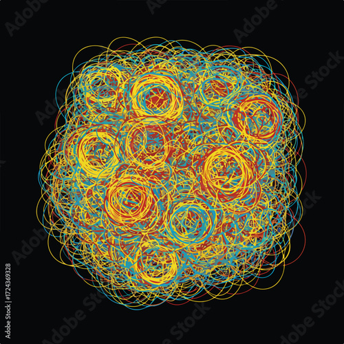 Scribbled sphere of interconnected yellow, blue, & red lines on black