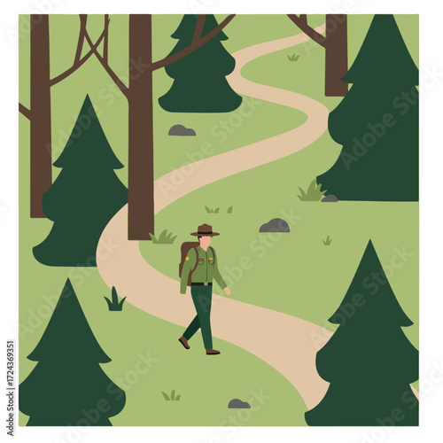 Hiker on a winding path through green forest