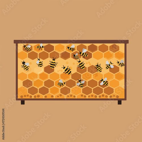 Bees gather on honeycomb within a brown frame