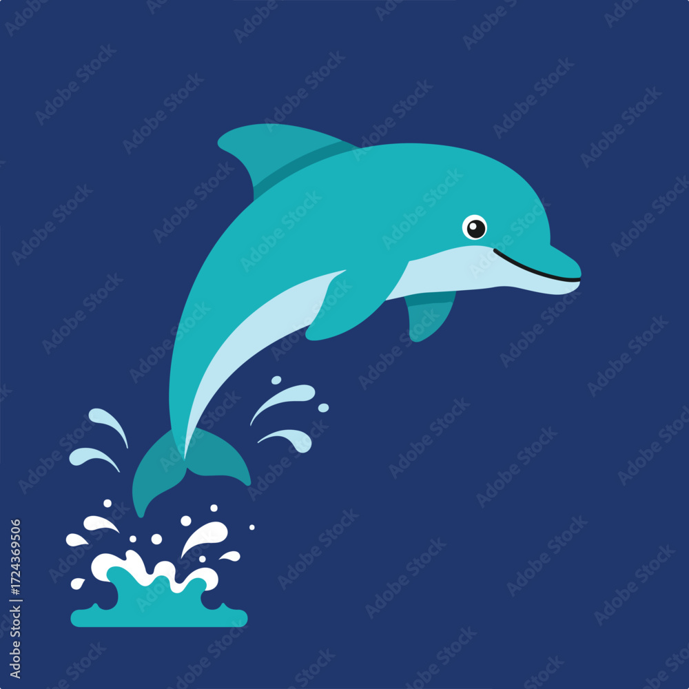 Fototapeta premium Teal cartoon dolphin leaps from ocean, white splash, dark blue background
