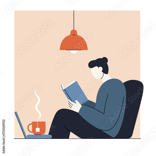 Person reading with tea & laptop under a lamp on peach backdrop