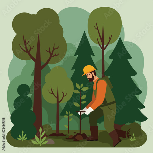 Arborist plants sapling in a forest with flat graphic style