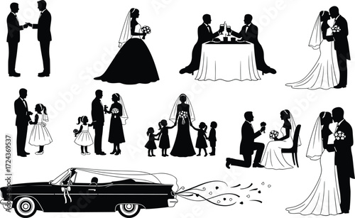 Wedding silhouette collection featuring bride groom moments, vows, reception, family, proposal, and getaway car — ideal for wedding design, invitation, or celebration vector illustration themes
