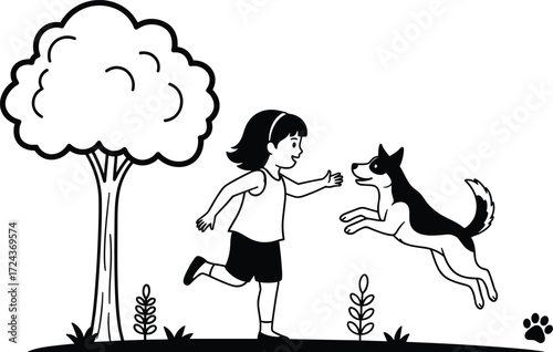 Happy girl playing with joyful dog outdoors under tree, perfect for pet, childhood, friendship, or nature-themed vector illustrations with playful energy and heartwarming bond