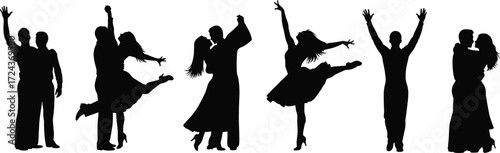 Romantic couple silhouettes dancing in elegant poses, perfect for wedding, love, celebration, anniversary, or Valentine’s Day designs with dynamic movement and timeless emotional expression