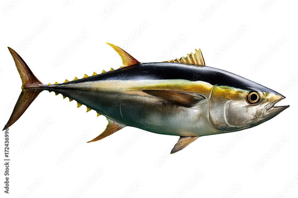 Obraz premium A detailed illustration of a yellowfin tuna, showcasing its vibrant colors and unique features. background removed