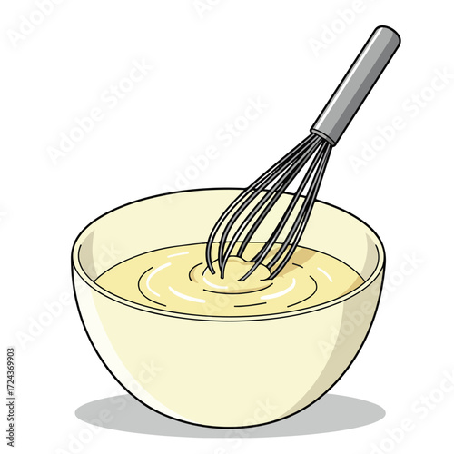 Whisk stirring pale liquid in a bowl, casting a shadow on a white surface