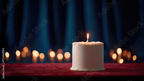 A small, white cake with a lit candle, on a burgundy surface, in front of a backdrop of teal curtains and soft, warm lights