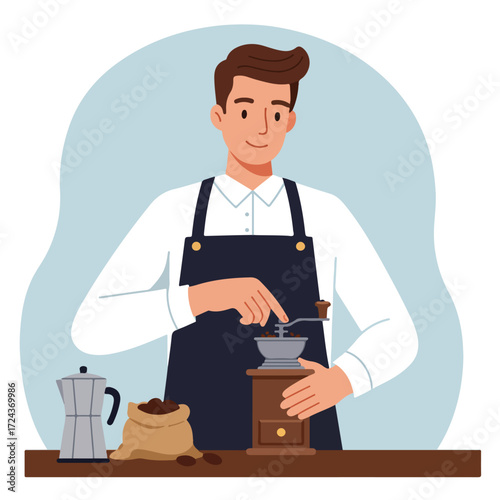 Man grinds coffee beans with a vintage grinder