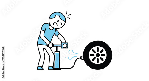 Frustrated man inflating a flat tire with a hand pump illustration, depicting effort and annoyance due to the tire issue showcasing a common vehicle