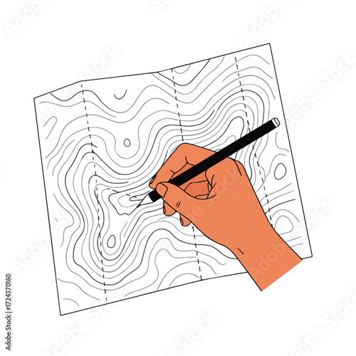 Hand drawing topographic map with pencil
