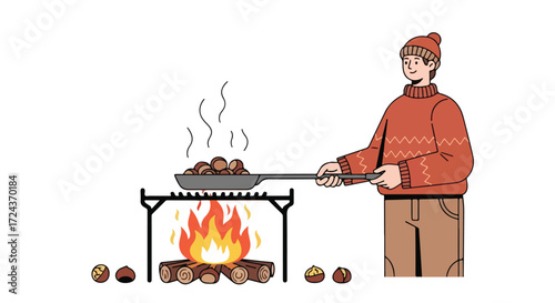 Illustration depicting a man roasting chestnuts over an open fire pit, perfect for autumn and seasonal activities with a cozy and welcoming feel