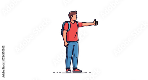 Illustration of a male hitchhiker with backpack on a road trip giving a thumbs up gesture on white background