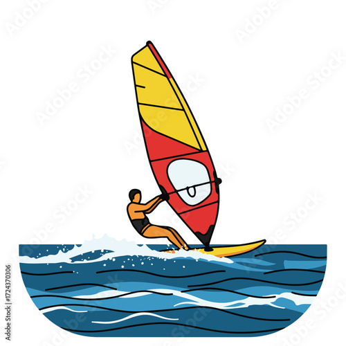 Windsurfer on wavy sea, with bright yellow/red sail, cartoon, bold lines