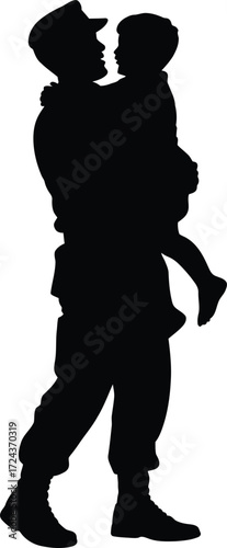 Silhouette of Soldier Holding Child in Arms
