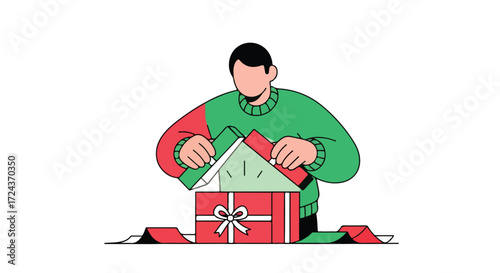A faceless man in a festive sweater unveils a radiant gift, filled with anticipation and joy, capturing the essence of holiday cheer and surprise
