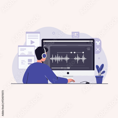 Person edits waveform audio on desktop computer with headset on
