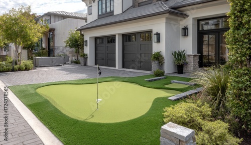 Modern house exterior with miniature golf green