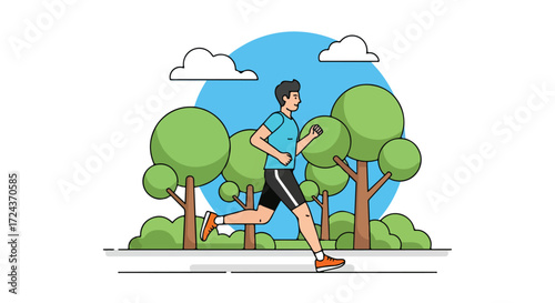 Cartoon illustration of a man jogging through a park on a bright sunny day, promoting health and fitness through outdoor exercise in nature