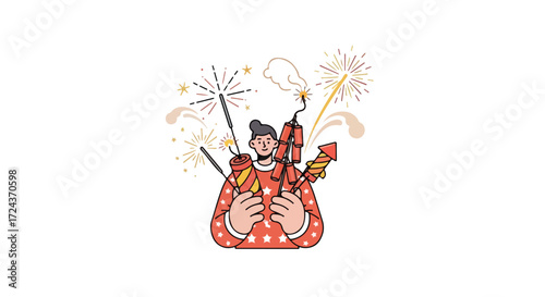 A celebratory illustration of a person holding fireworks and sparklers surrounded by bursts of light and excitement is perfect for holiday promotions