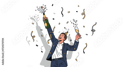 Exuberant celebration depiction, man in suit popping champagne with confetti and party hat for special occasions